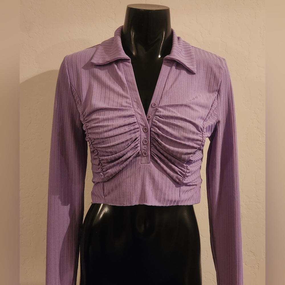 Purple Ruched Button-Up Blouse